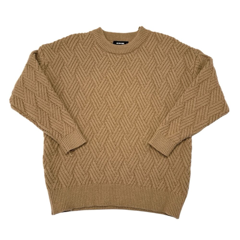Aelfric Eden Solid‎ Twist Sweater Small Tan Knit Crew Neck Pullover Fisherman